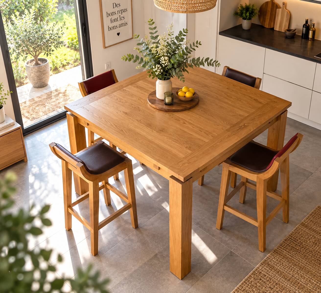 Table haute en bois massif extensible + 4 tabourets