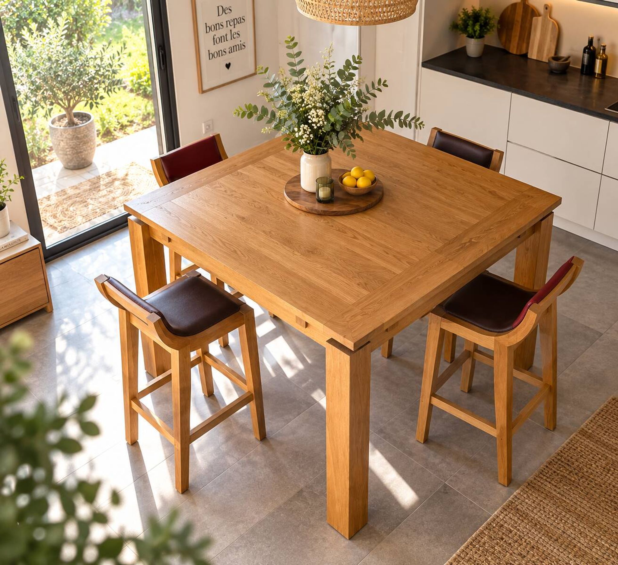 Table haute en bois massif extensible + 4 tabourets