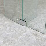 Modernist console, 1960s, glass base, wooden and fabric top.