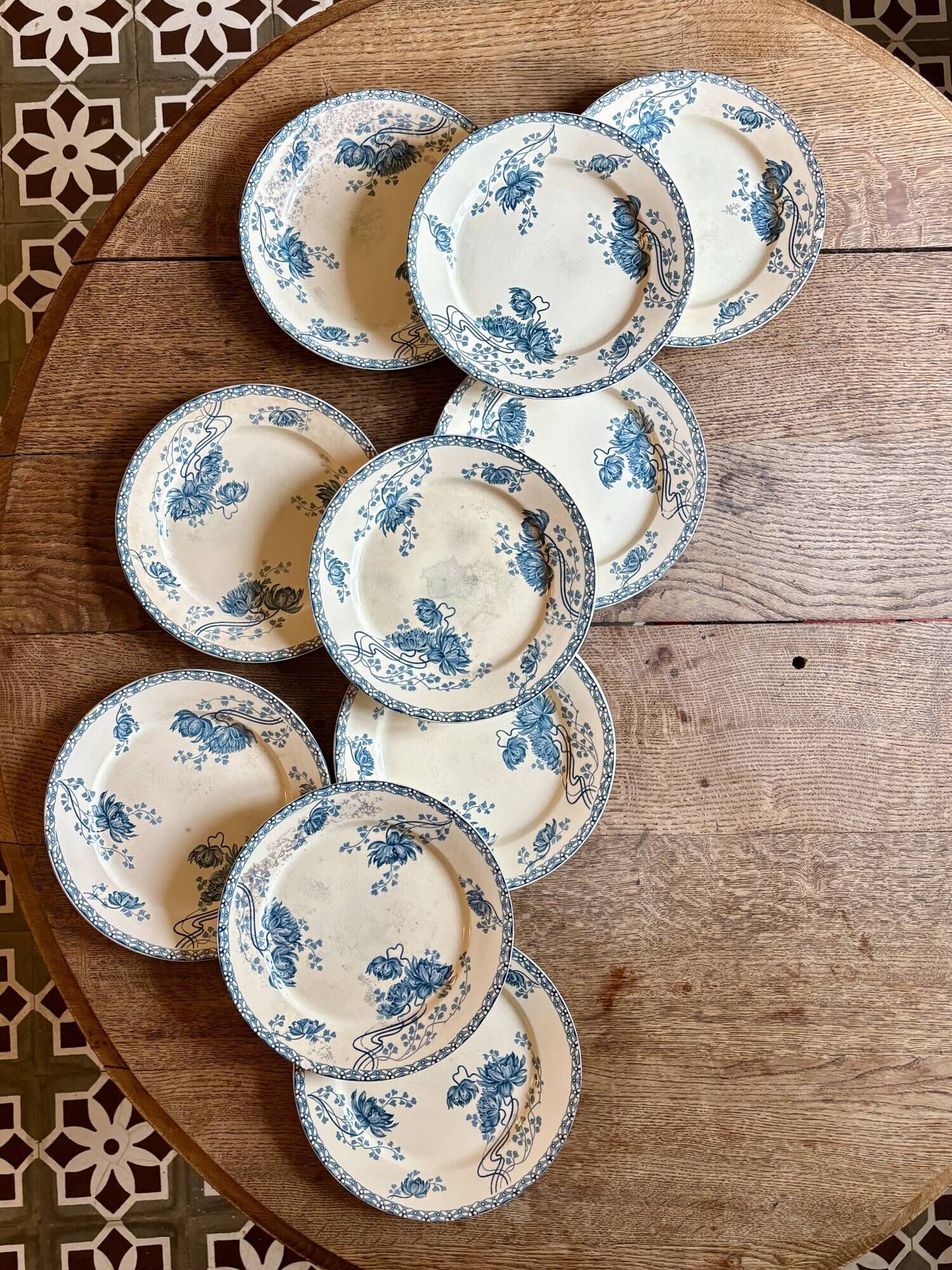 Set of 10 antique flat plates in ironstone, Royat from Sarreguemines.