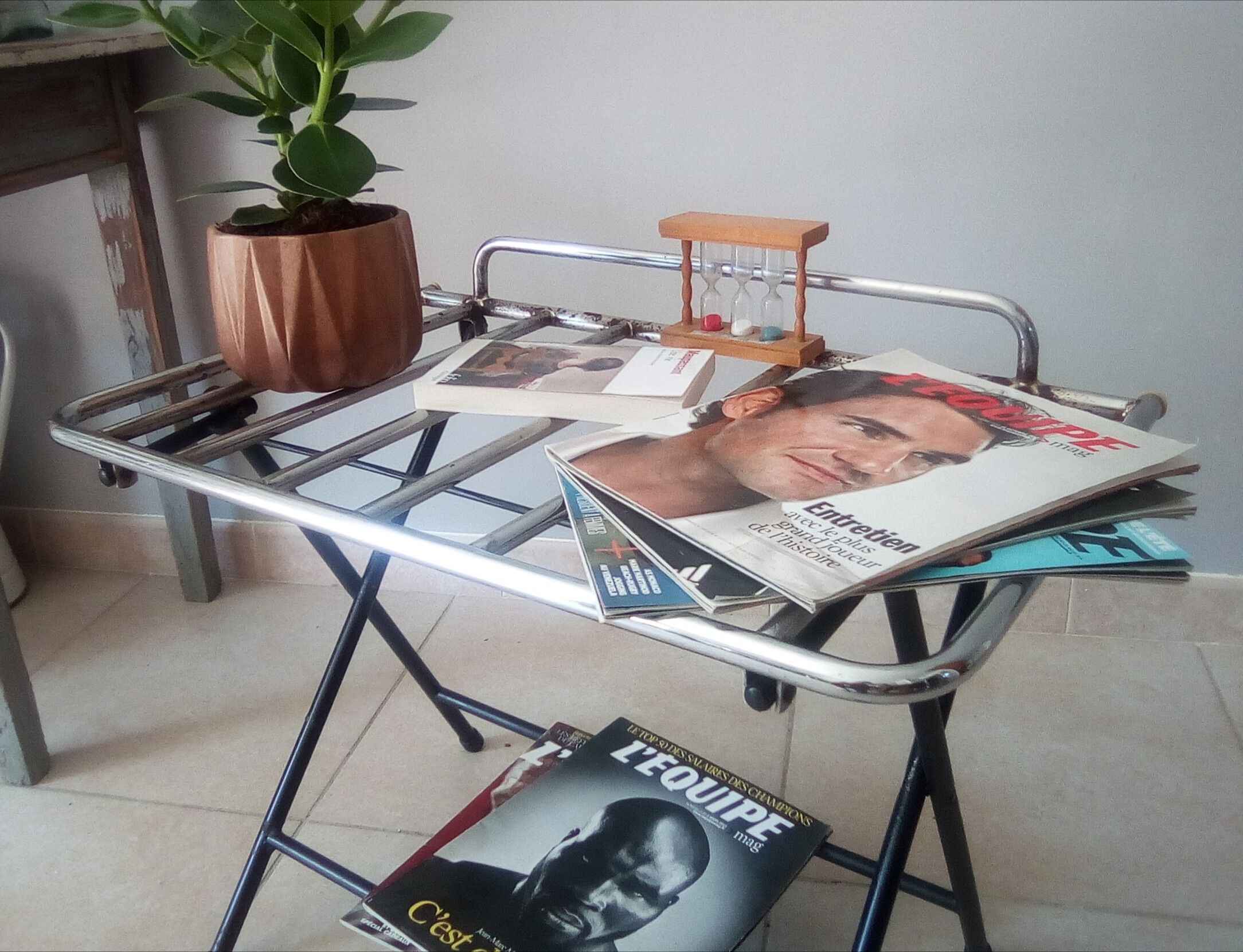 Side table, vintage suitcase carrier