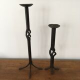 Pair of large brutalist wrought iron candle holders