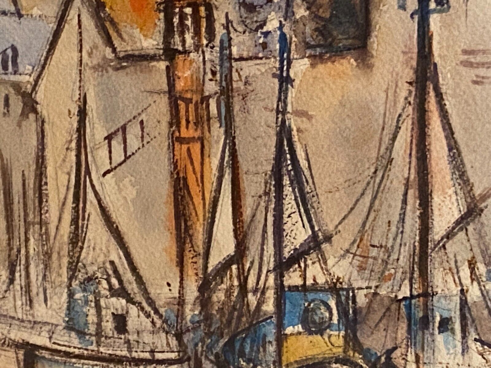 Watercolor signed Simone Duval-Wenta 1934-2015 view of Honfleur