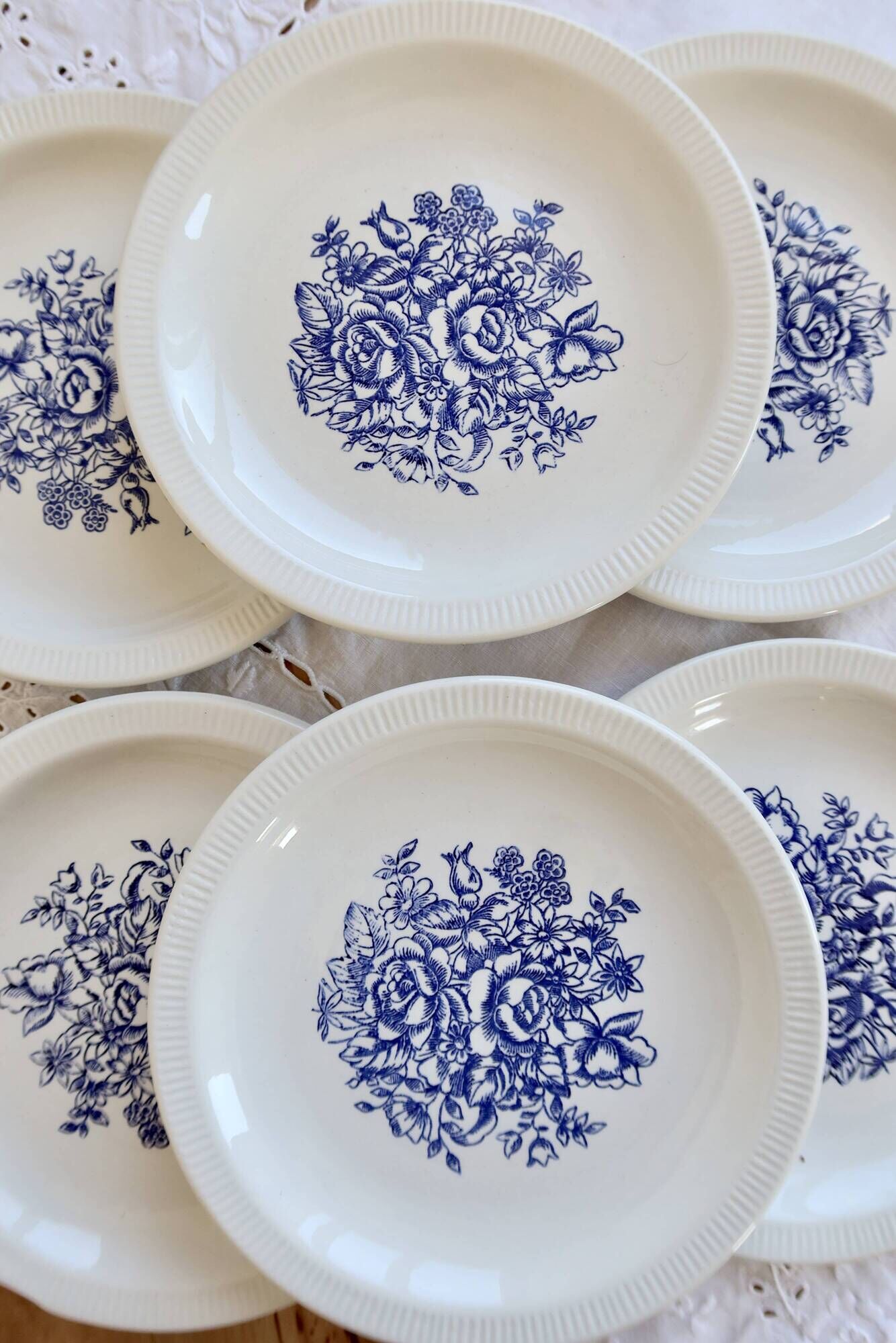 6 vintage porcelain dessert plates – Blue floral bouquet design