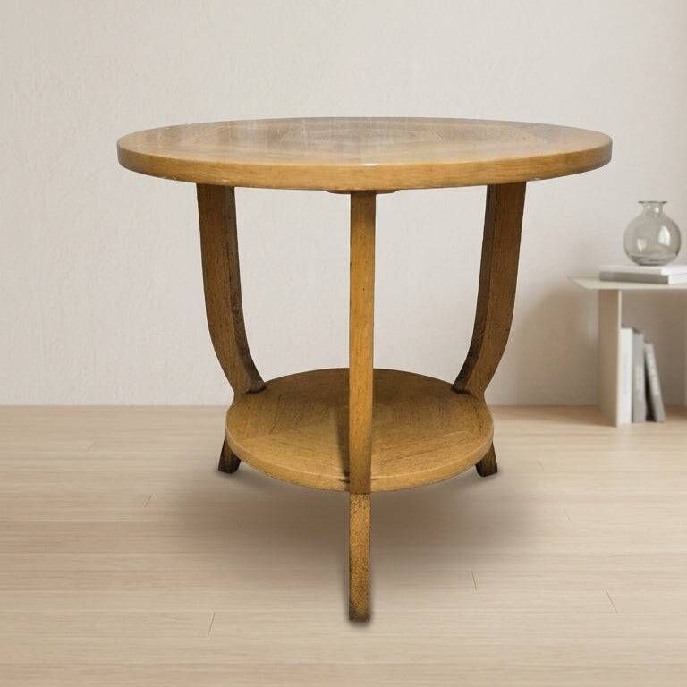 Vintage round wooden coffee table with lower shelf, 20th century
