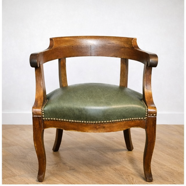 Fauteuil de bureau gondole ancien  bois massif assise imitation cuir vert