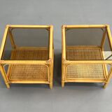 Rattan, Canework and Smoked Glass End Tables, 1960s, Set of 2