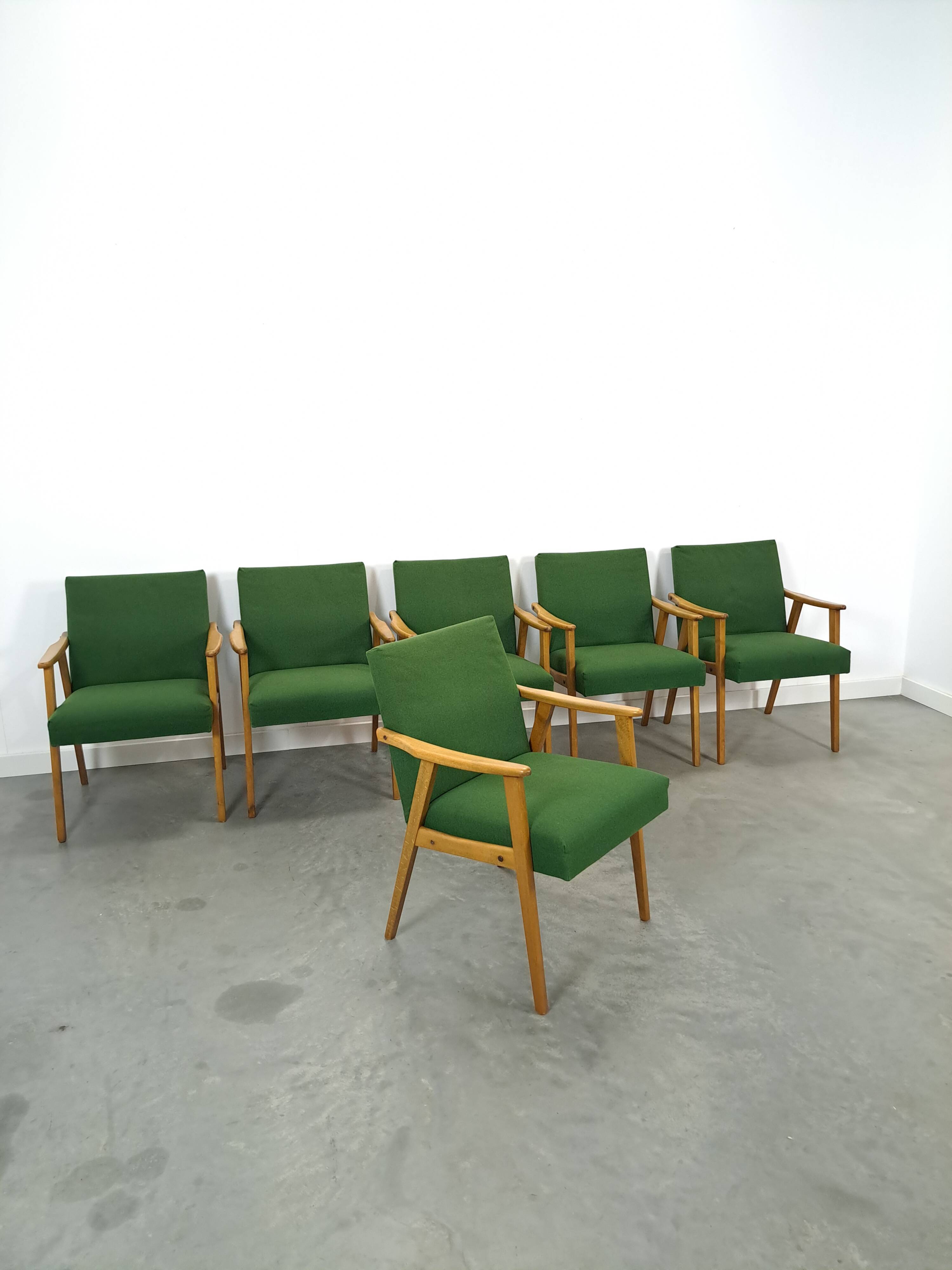 Set of 6 groene eetkamerstoelen met beukenhout
