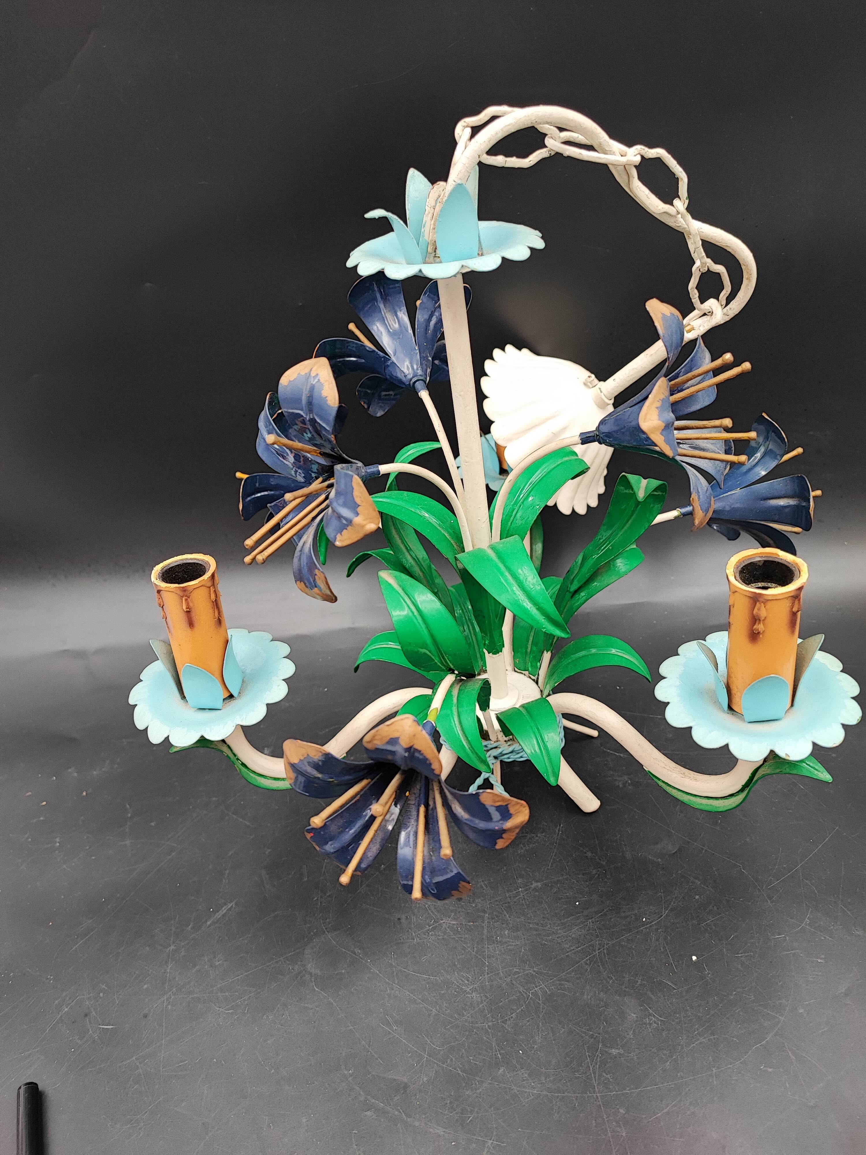 Chandelier metal flowers polychrome three arms vintage