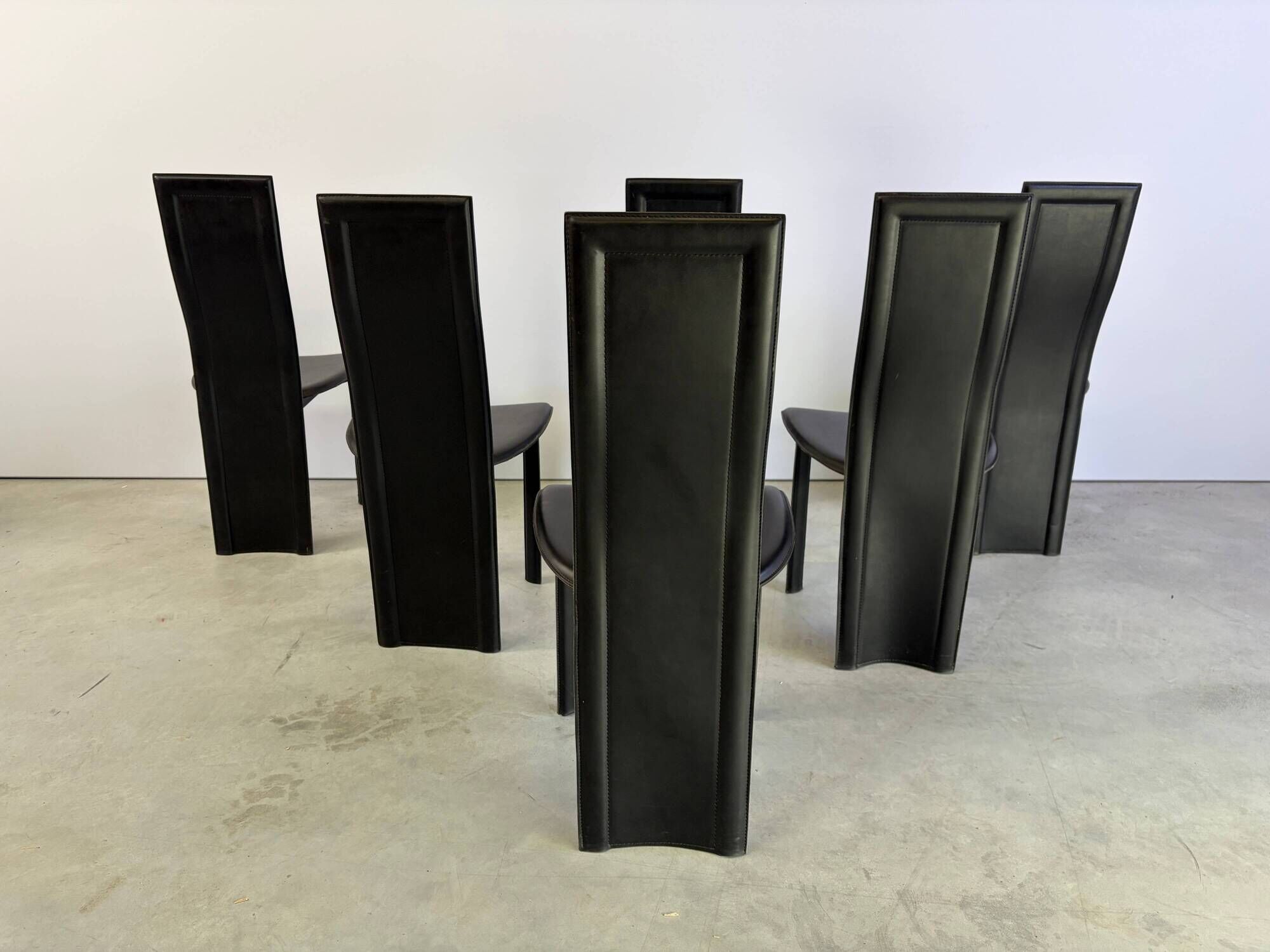 Vintage black leather dining chairs, set of 6, 1980s