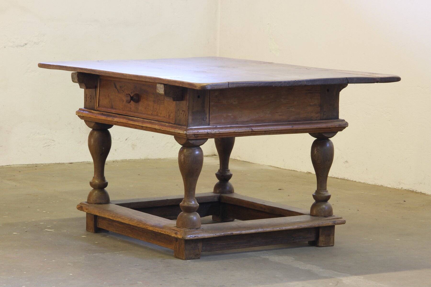 Antique Nordic Baroque Oak Table, Dated 1807