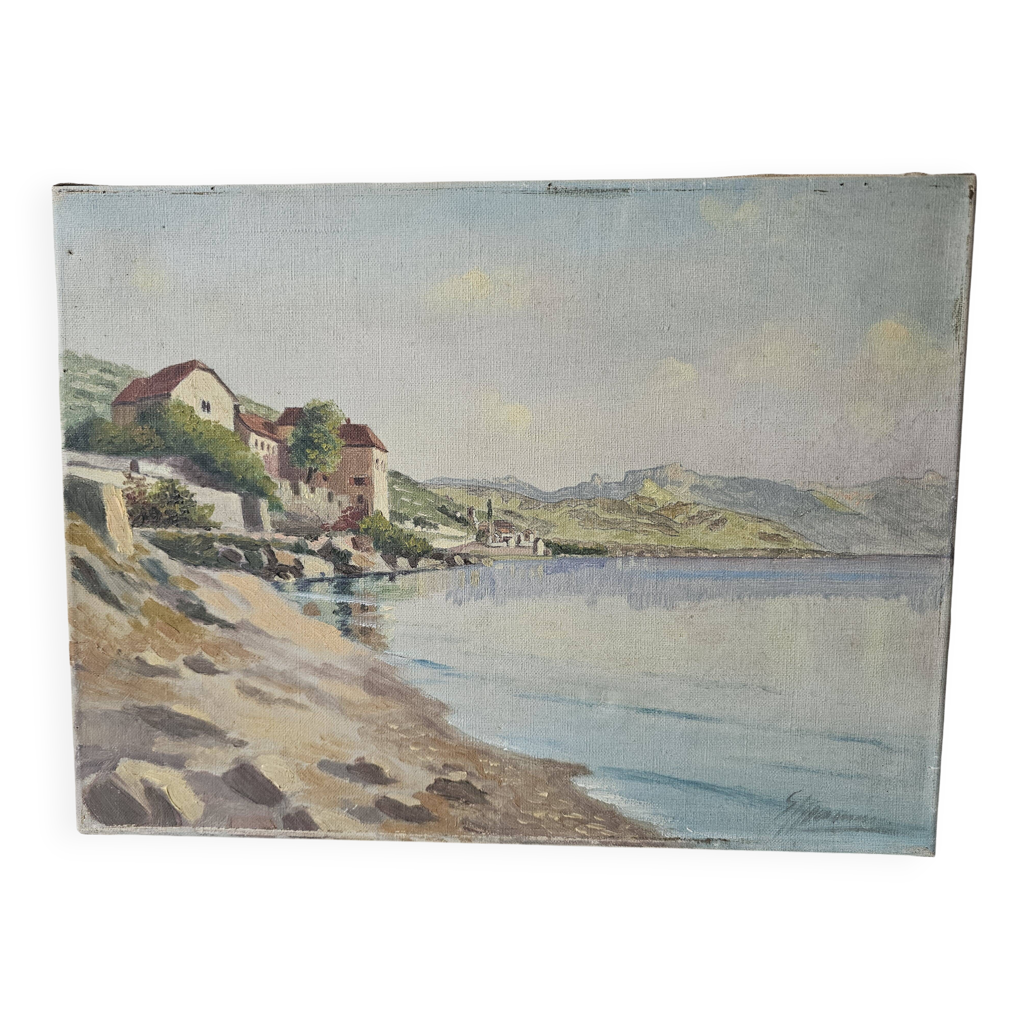 Old painting - Oil on canvas Lake Geneva Chateau de Glérolles (Switzerland)