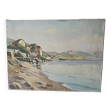 Old painting - Oil on canvas Lake Geneva Chateau de Glérolles (Switzerland)