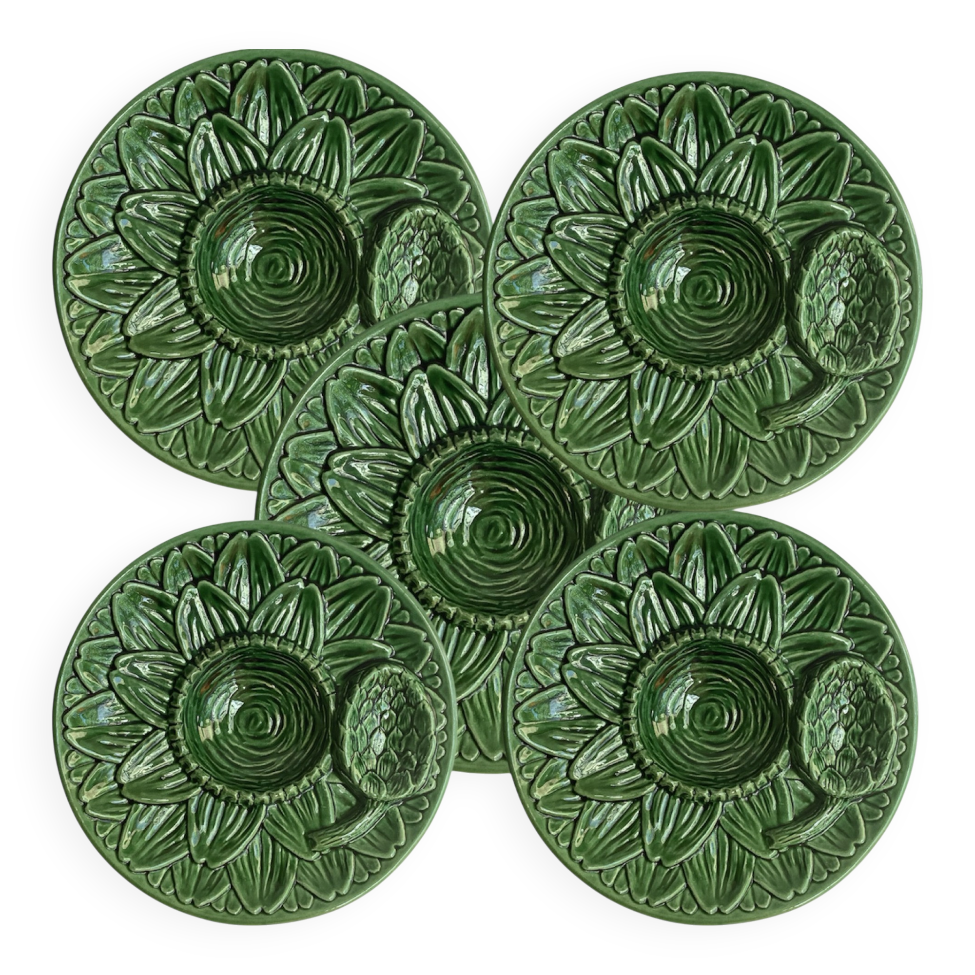 Set of 5 antique barbotine plates decorated with artichokes.
