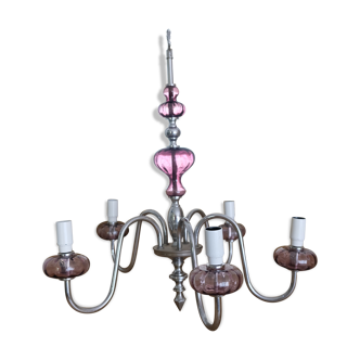 Vintage chandelier in 5-spoke purple glass