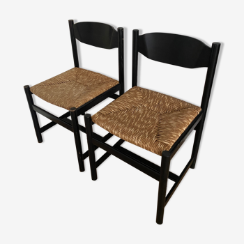 Ensemble de 2 chaises de salle à manger vintage avec siège en rotin