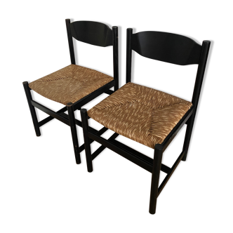 Set of 2 vintage dining chairs with rattan seat