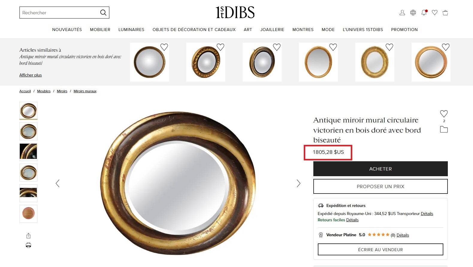 Victorian English Round Grand Mirror – Gilded Wood & Bevelled Glass