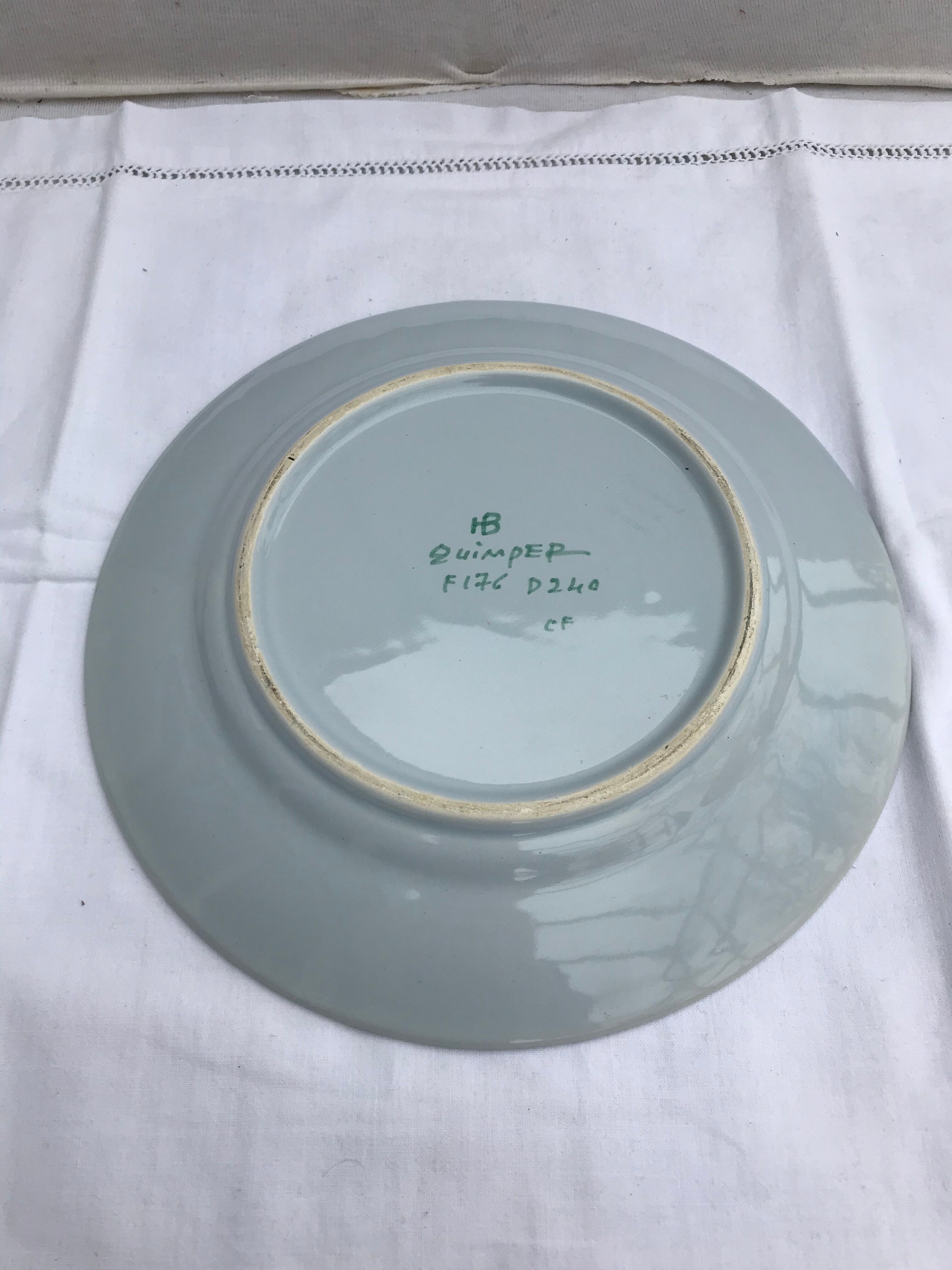 Old Plate Deco QUIMPER HB France Blue Ceramics - Vintage Painted Drawing