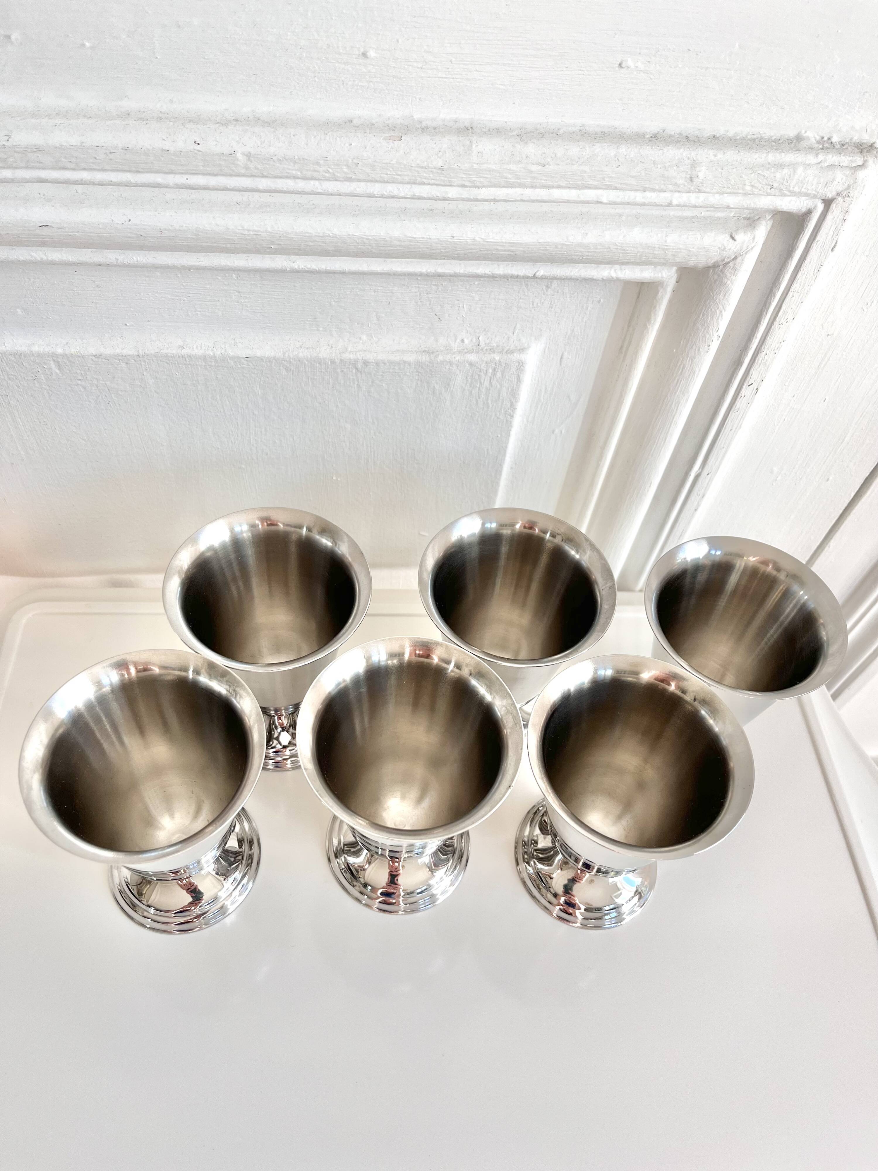 6 vintage stainless steel ice cream cups in the shape of a tumbler.
