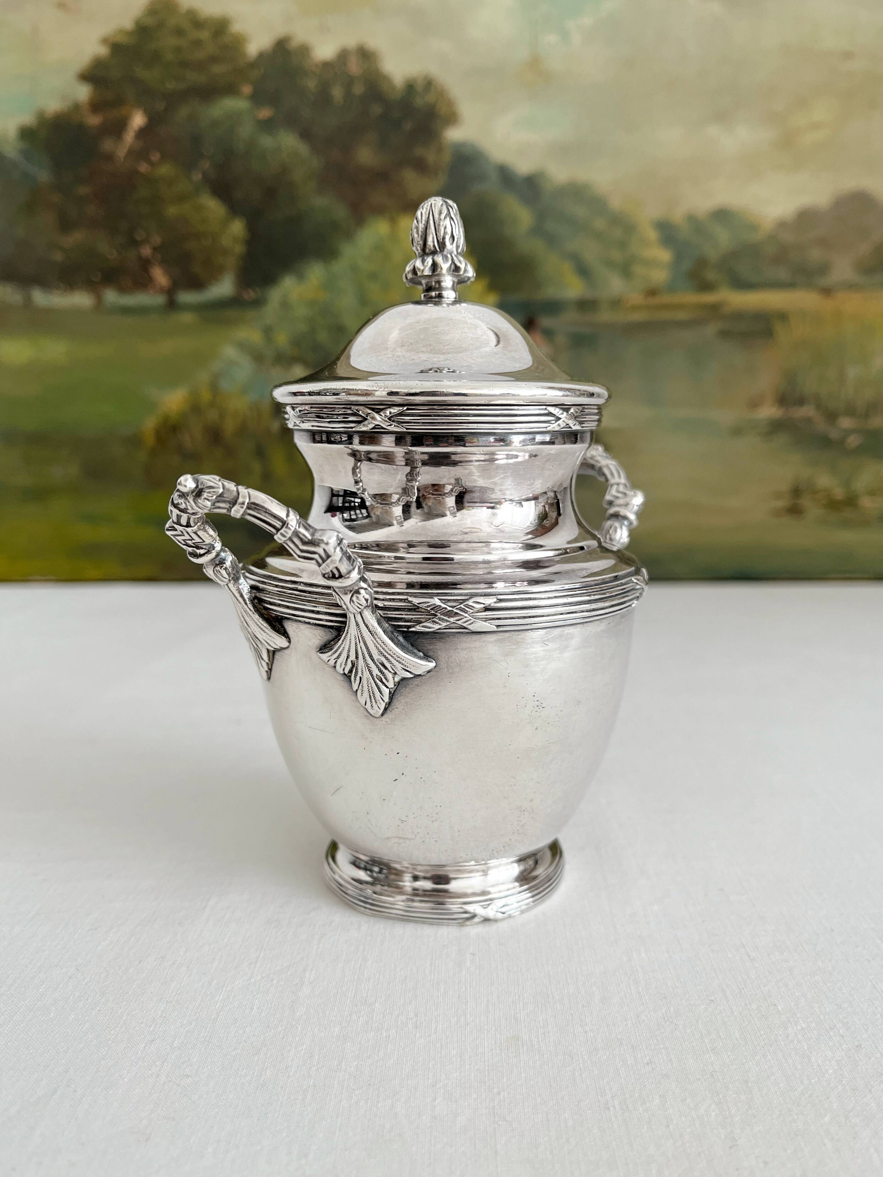 Antique monogrammed silver-plated metal sugar bowl