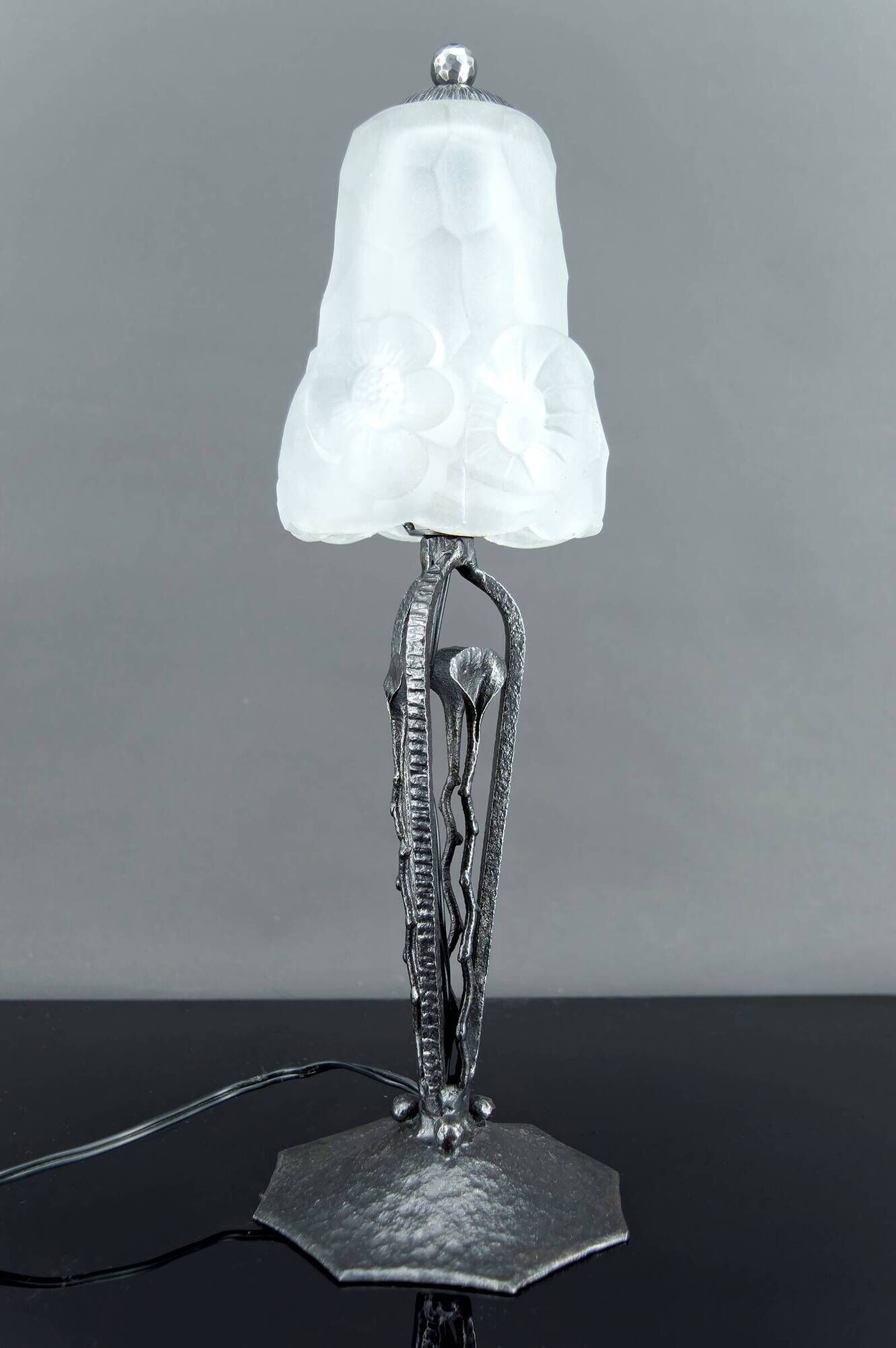 Art Deco Wrought Iron Lamp, Floral Tulip signed Degué, France, c. 1930