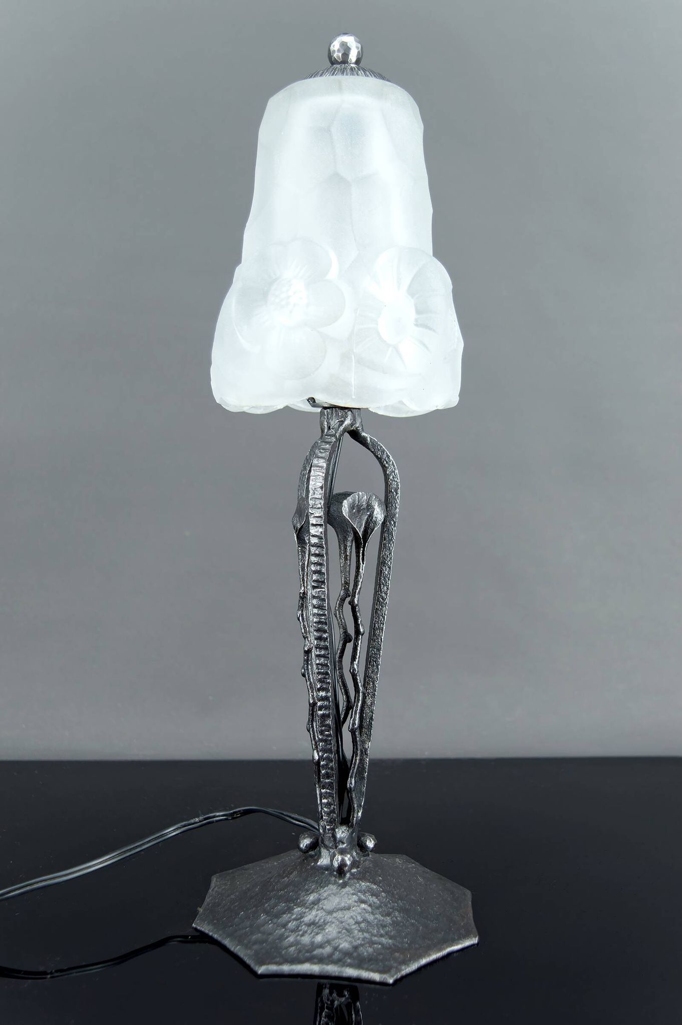 Art Deco Wrought Iron Lamp, Floral Tulip signed Degué, France, c. 1930