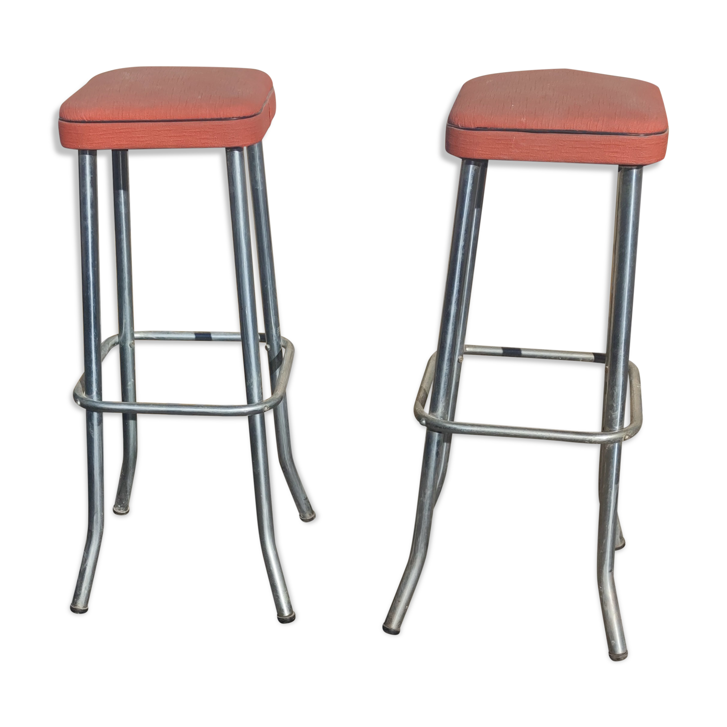 Pair of aluminum bar stools with orange and black seats