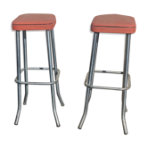 Paire de tabourets de bar aluminium et assises orange et noire