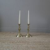 Pair of brass candlesticks in gold metal, ethnic tribal decoration, bohemian artisanal production