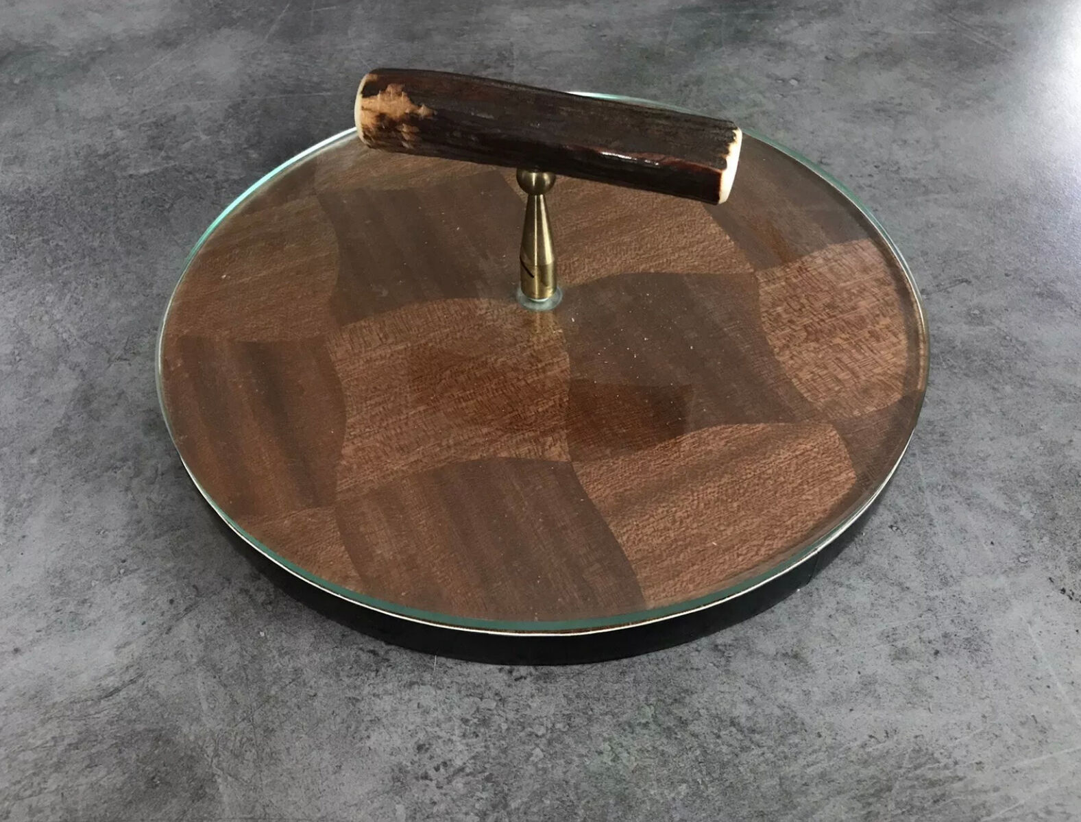 Cheese plat vintage rond marquetry plateau turning glass 28.5 cm