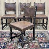 Suite of 4 Louis XIII chairs in oak and leather, early 20th century