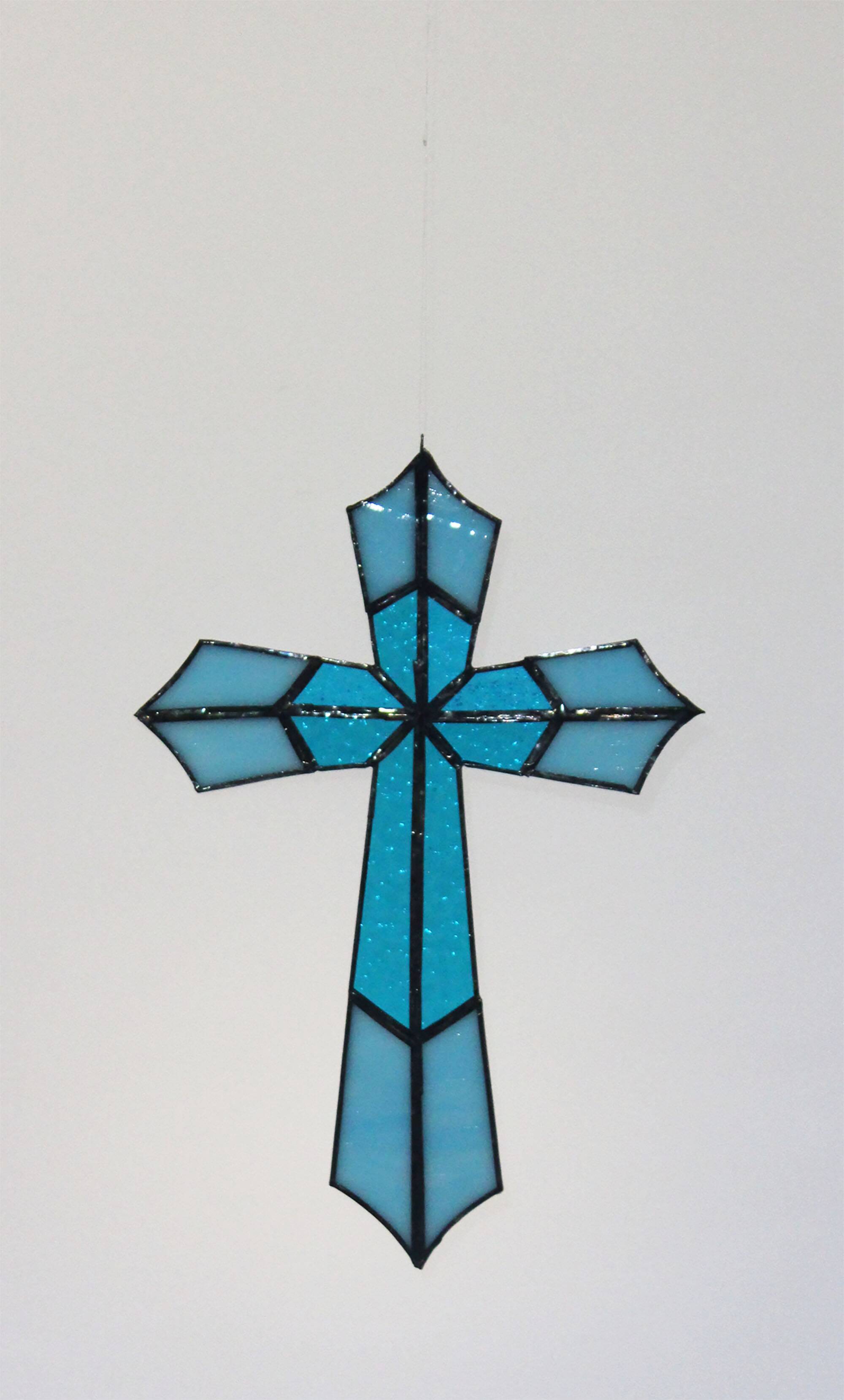 Vitrail Artisanal Croix – Verre Coloré Bleu – 40 × 50 cm – Pièce Unique