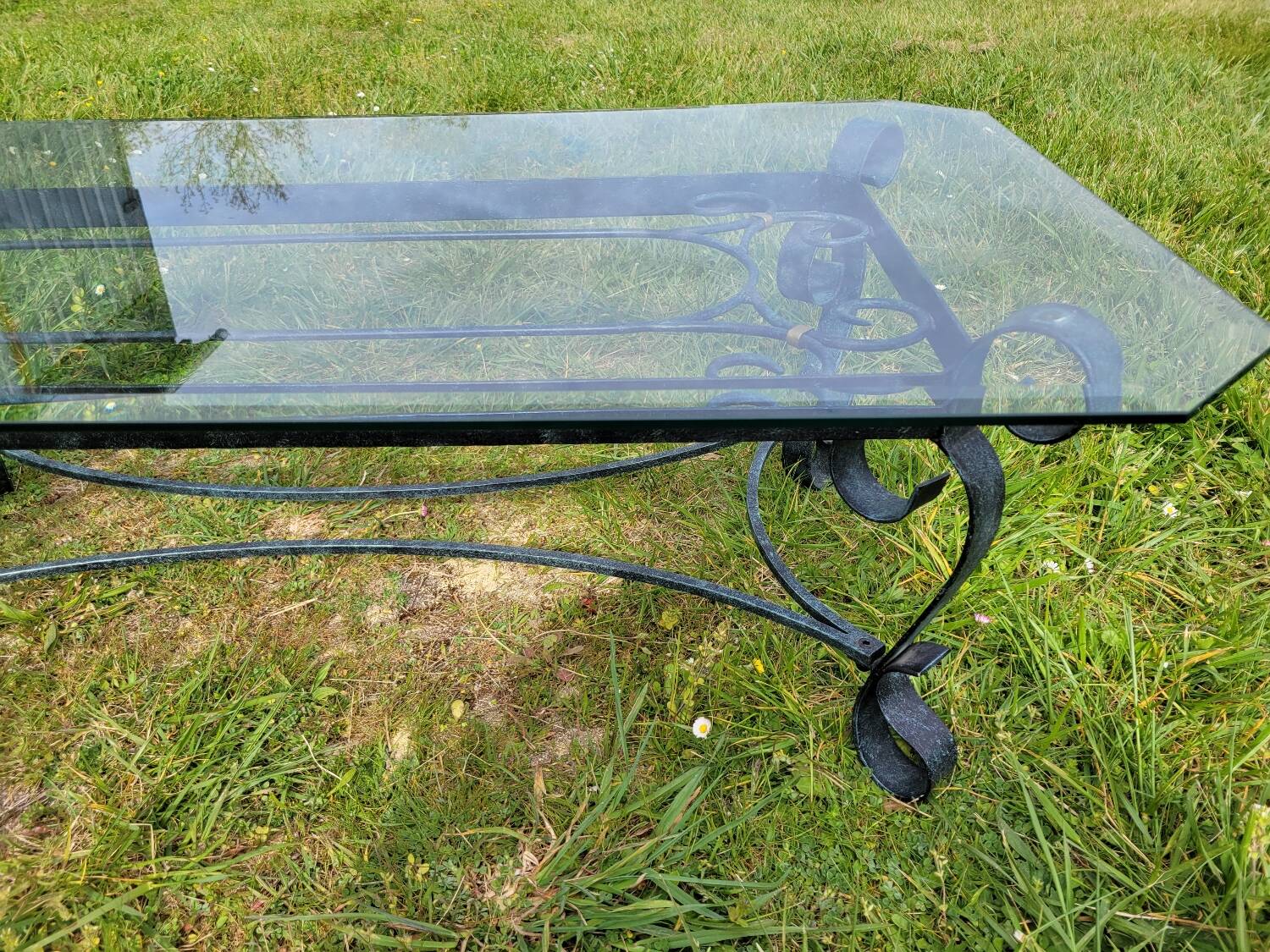 Italian glass and wrought iron coffee table