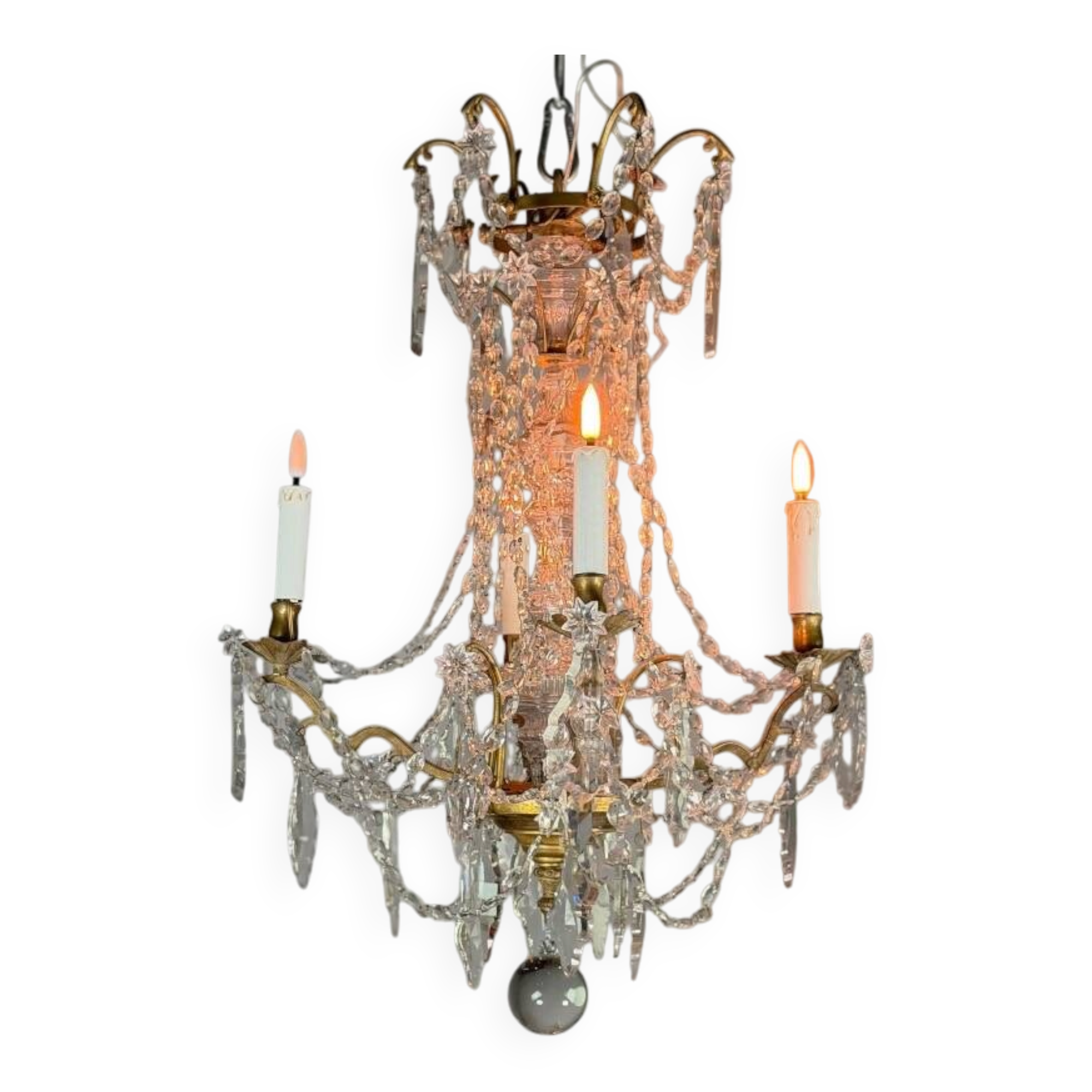 Bronze chandelier with cut crystal pendants, circa 1800.