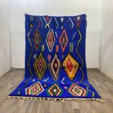 Handmade blue Moroccan rug, decorated, 250cm x 150cm