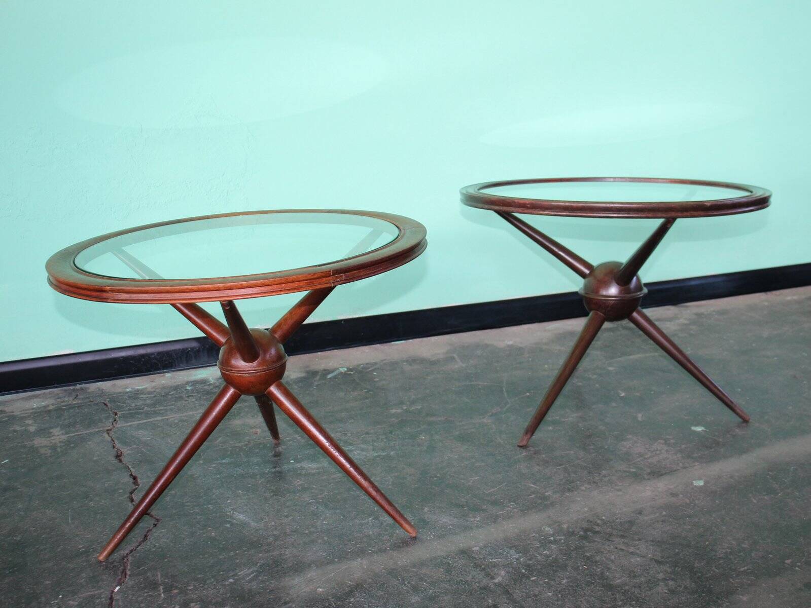 Set de Tables Basses Rondes Sputnik en Bois et Verre, Set de 2