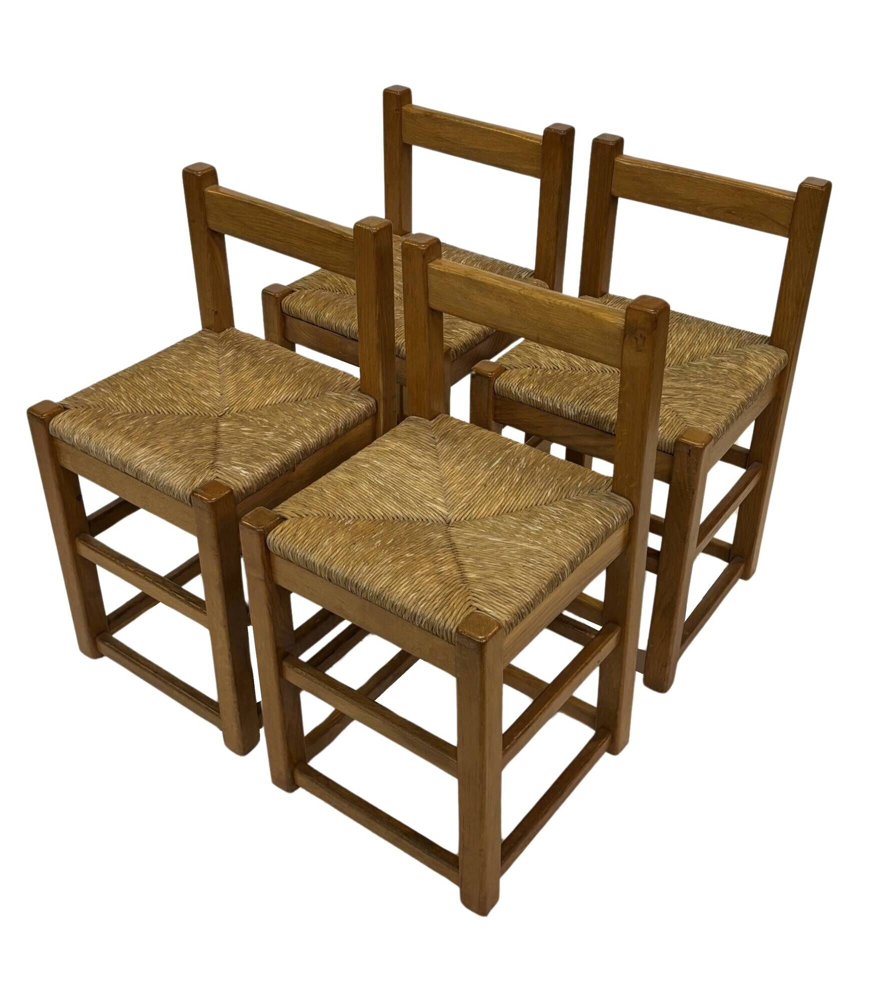 Set of four vintage chairs / stool - brutalist style minimalist oak and wicker 60s