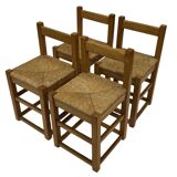 Set of four vintage chairs / stool - brutalist style minimalist oak and wicker 60s
