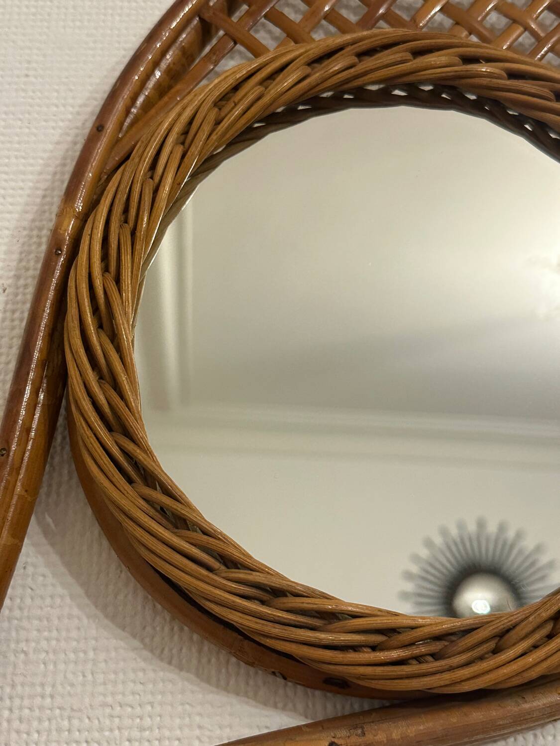 Vintage rattan tennis racket mirror