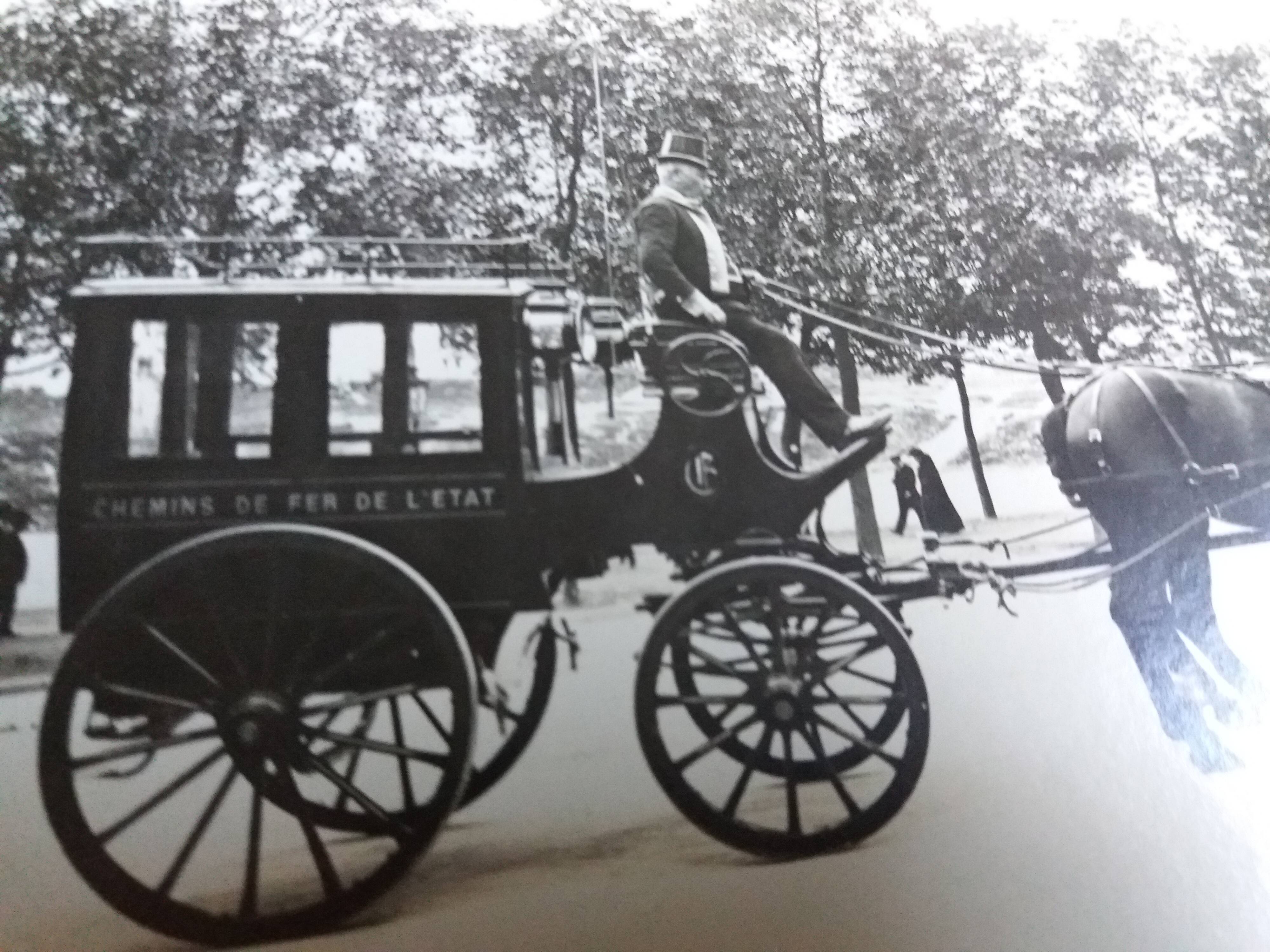 Old photograph 1900 stagecoach, horses and coachman State Railways