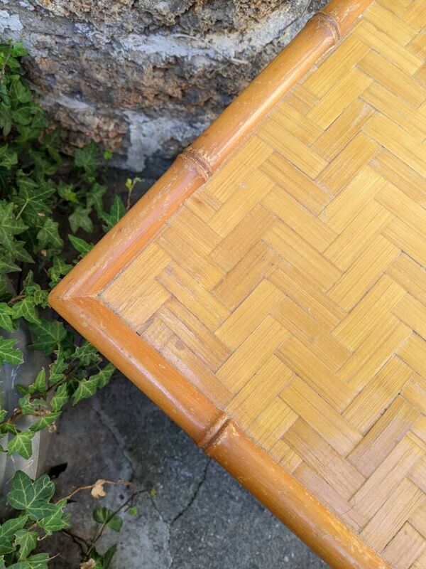 Table de chevet vintage bois effet bambou tressage artisanal japan style