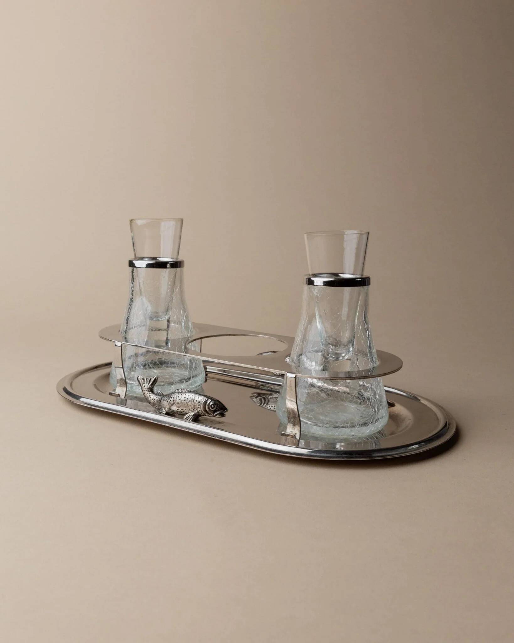 Argent Silverplated Metal Vintage Serving Set for Shots or Caviar-Tray, Ice Holders, Glasses, Italian 1970s Mid-Century Elegant