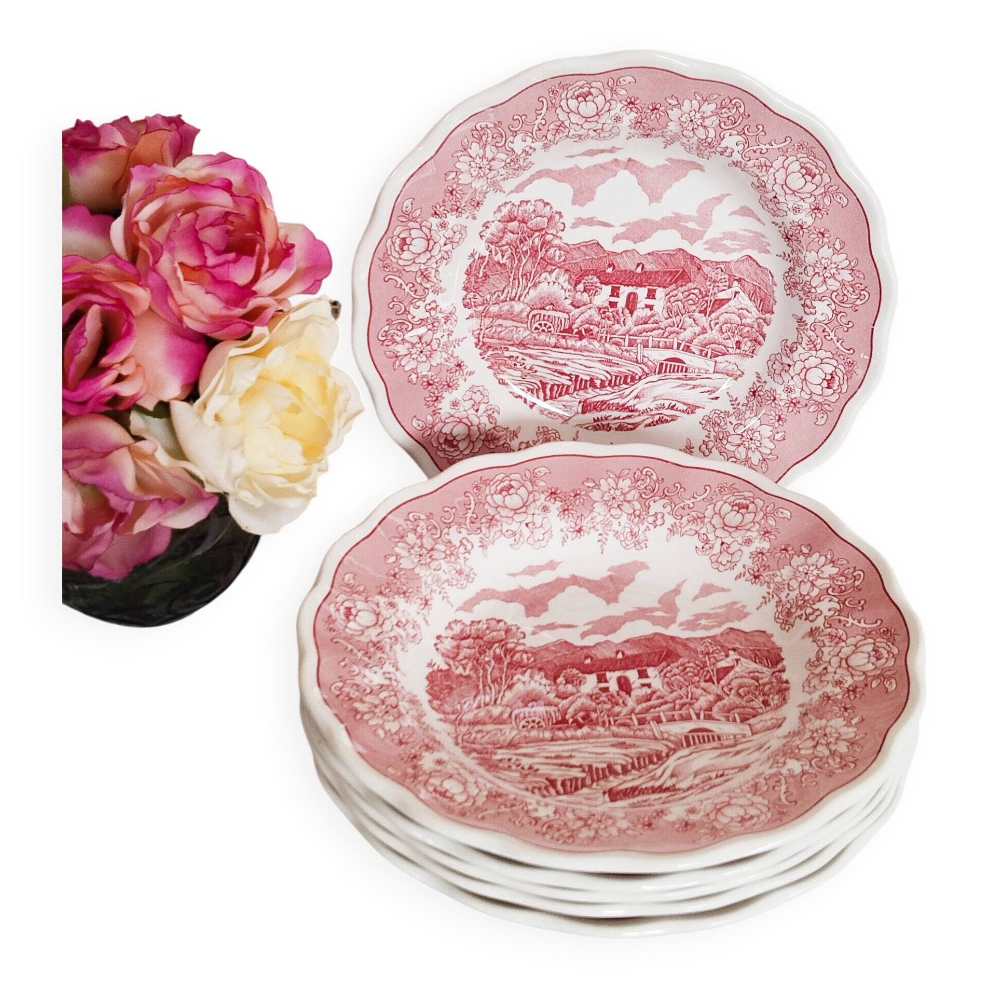 6 Italian English porcelain soup plates: Swiss Landscape