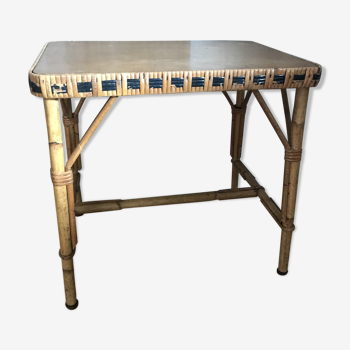 Table d'appoint rectangulaire rotin et bois vintage
