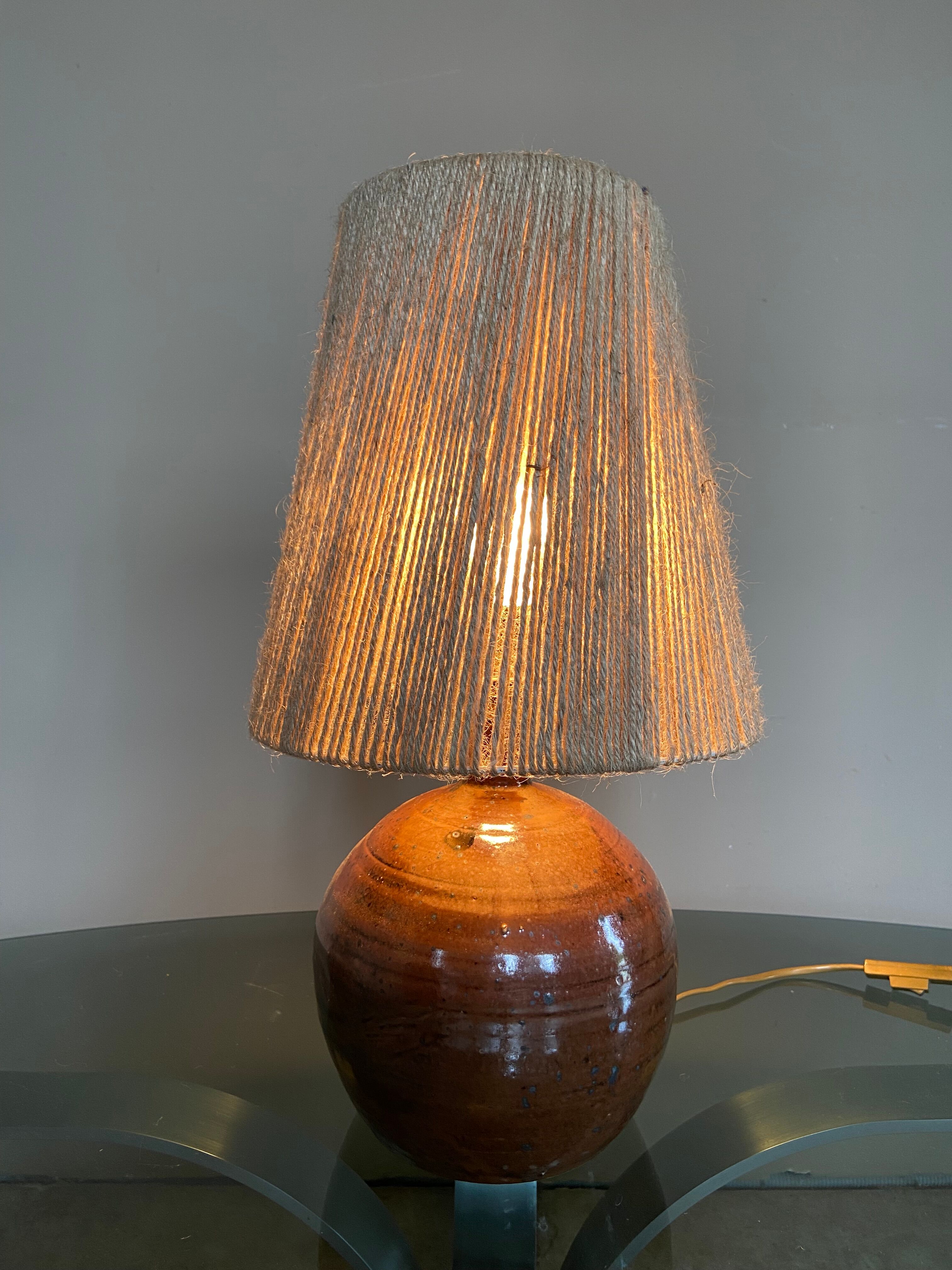 Vintage stoneware ball lamp and rope lampshade