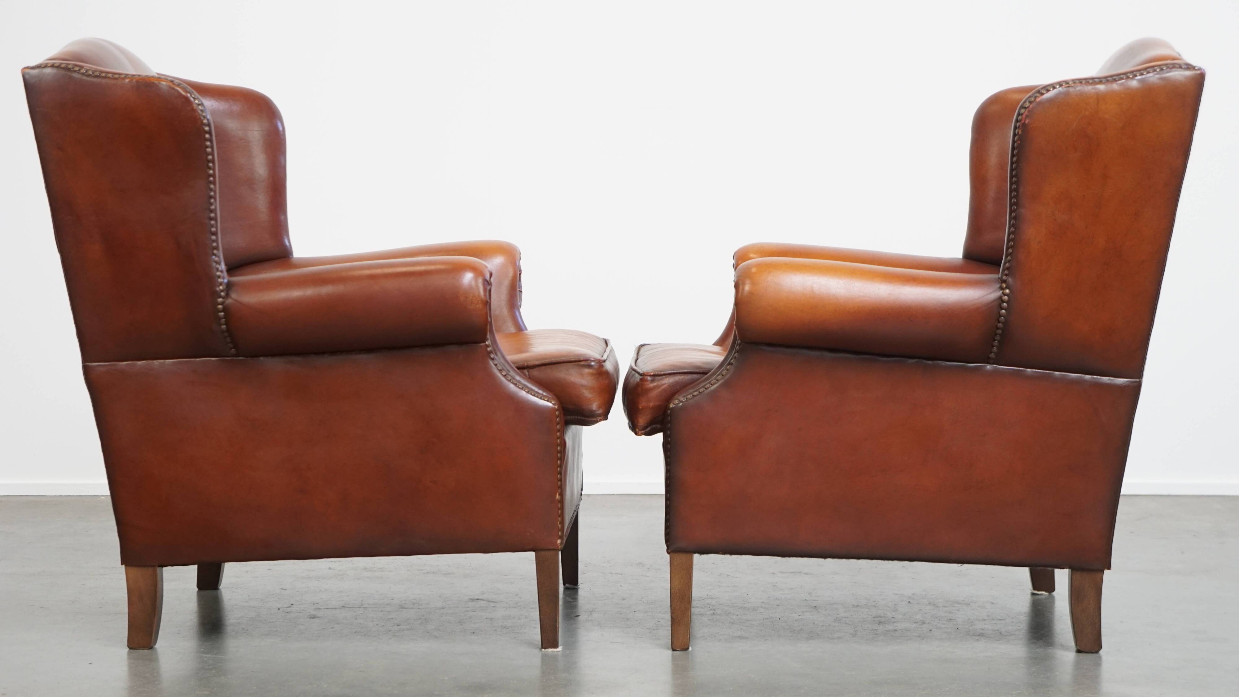 Set of 2 English style sheepskin leather wingback armchairs