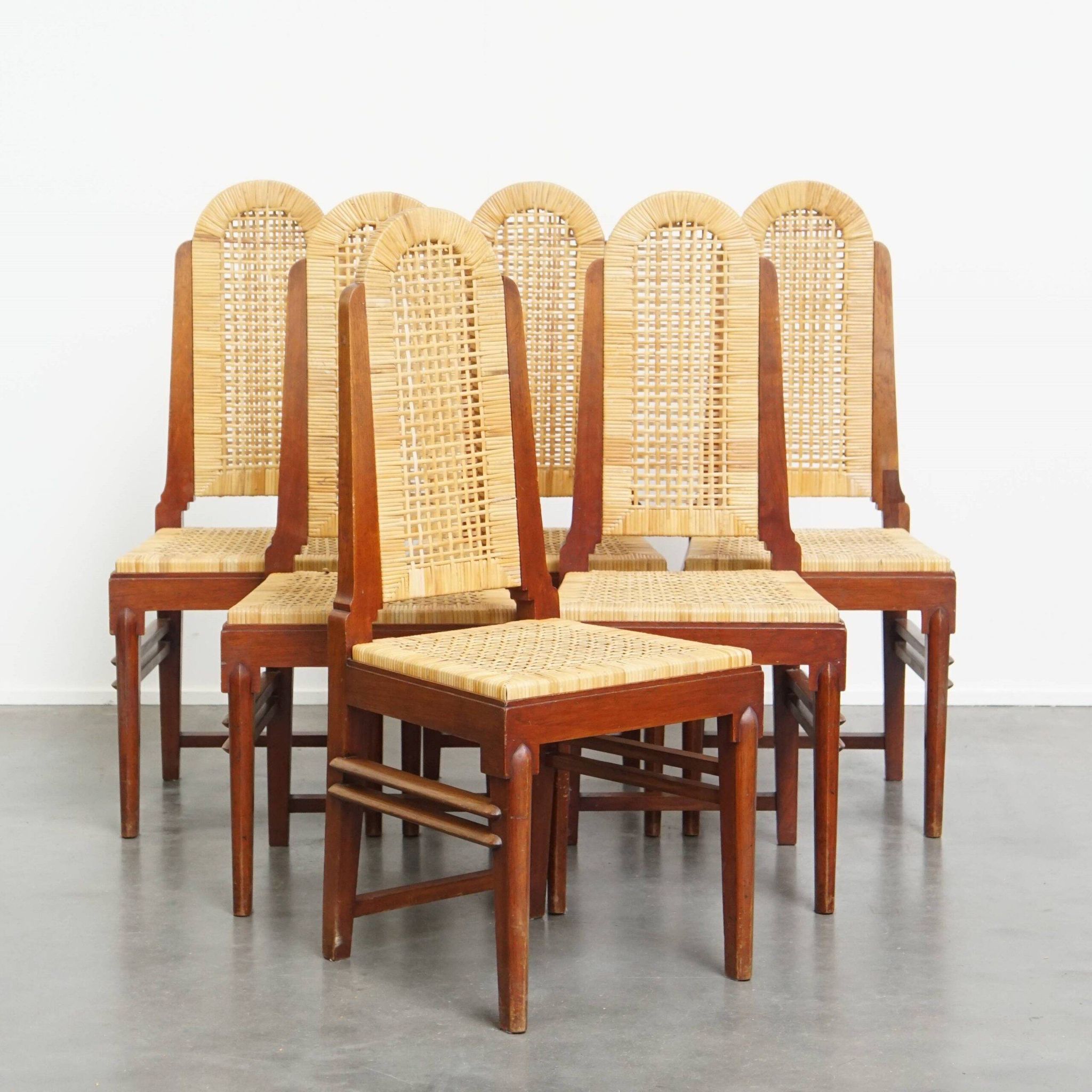 Vintage set of six Art Deco design dining chairs made of cane and wood