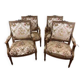 Suite Of 4 Large Louis XVI Style Armchairs In Golden Wood, mid-19th century