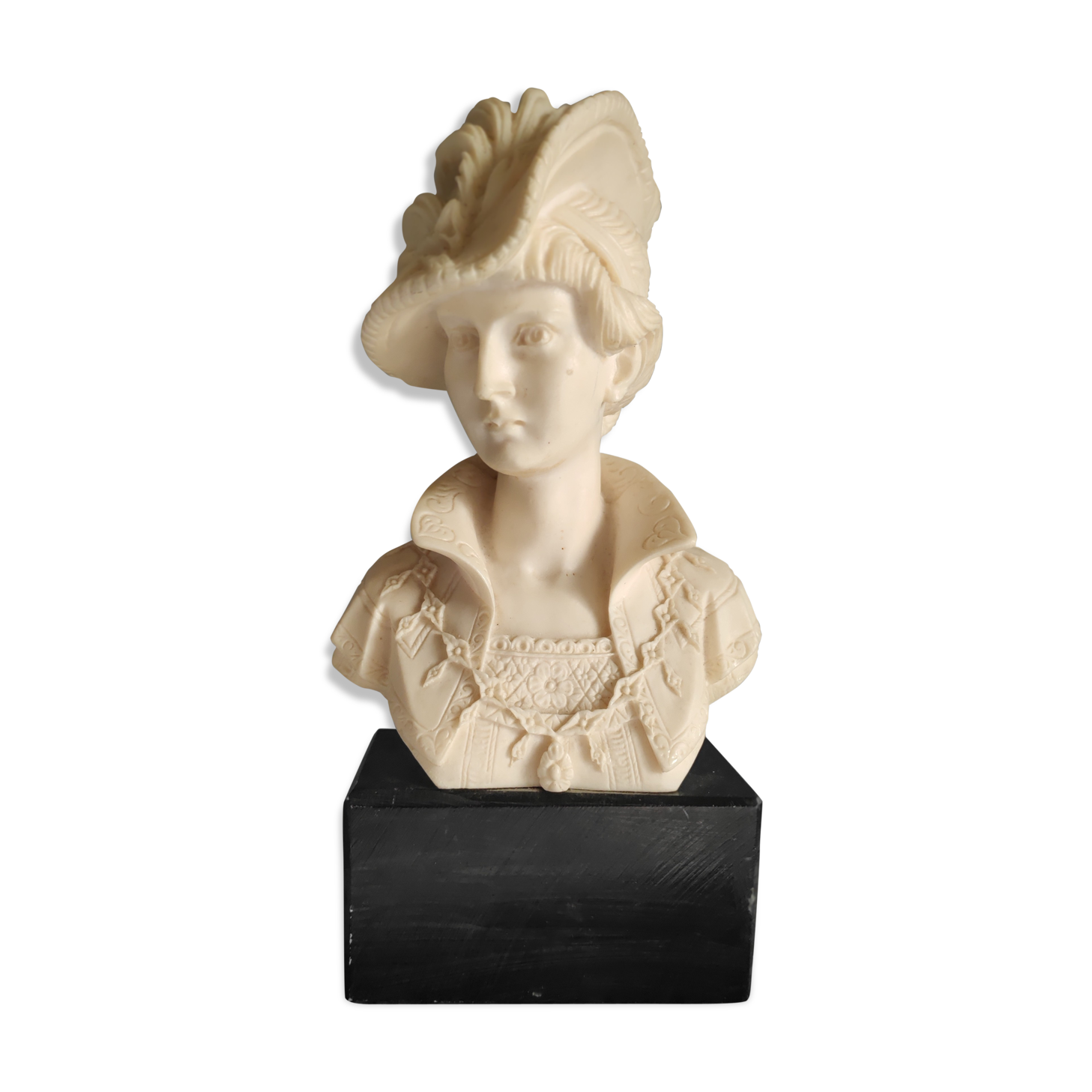 Elegant woman bust with alabaster shawl and black base of the 1950s